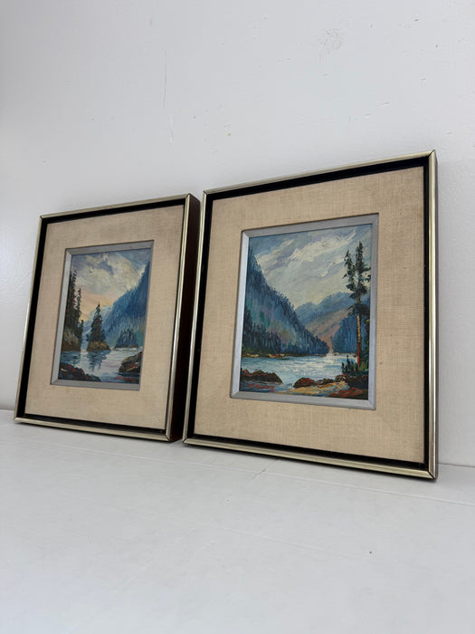 A set of two signed vintage mid century modern style paintings depicting an abstract mountain scene (Available by online purchase only)