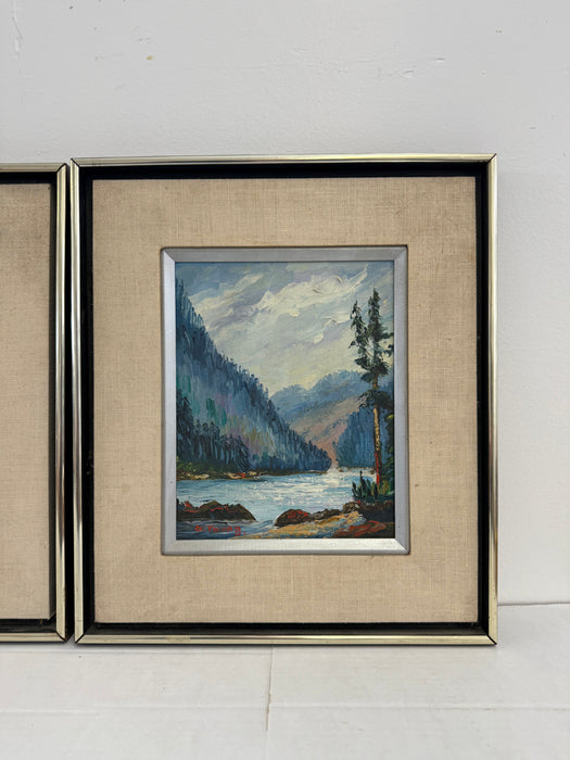 A set of two signed vintage mid century modern style paintings depicting an abstract mountain scene (Available by online purchase only)
