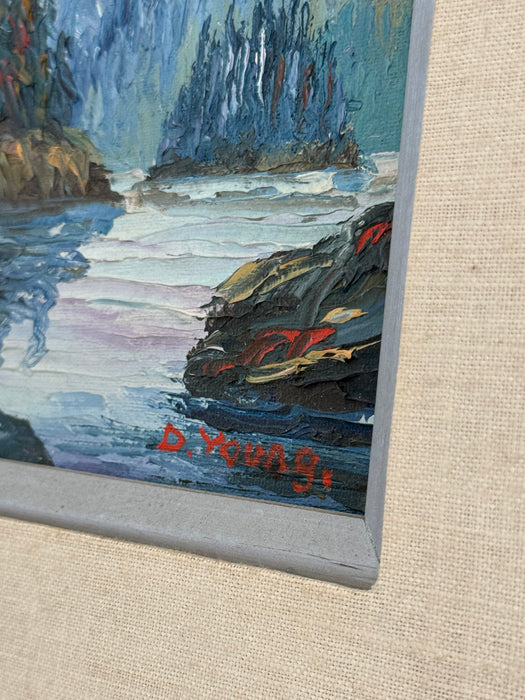 A set of two signed vintage mid century modern style paintings depicting an abstract mountain scene (Available by online purchase only)