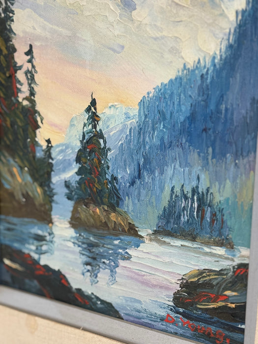 A set of two signed vintage mid century modern style paintings depicting an abstract mountain scene (Available by online purchase only)