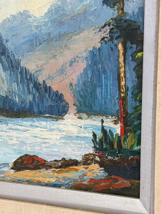 A set of two signed vintage mid century modern style paintings depicting an abstract mountain scene (Available by online purchase only)