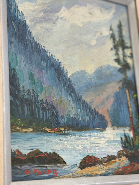 A set of two signed vintage mid century modern style paintings depicting an abstract mountain scene (Available by online purchase only)