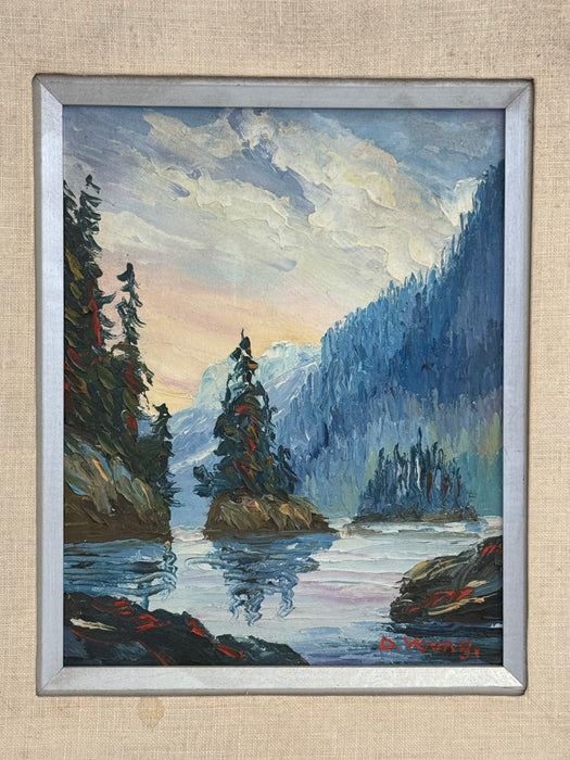 A set of two signed vintage mid century modern style paintings depicting an abstract mountain scene (Available by online purchase only)