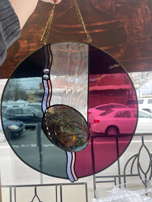 Vintage Signed Stained Glass Round Panel with Abalone Shell, Hanging Wall Art Suncatcher
