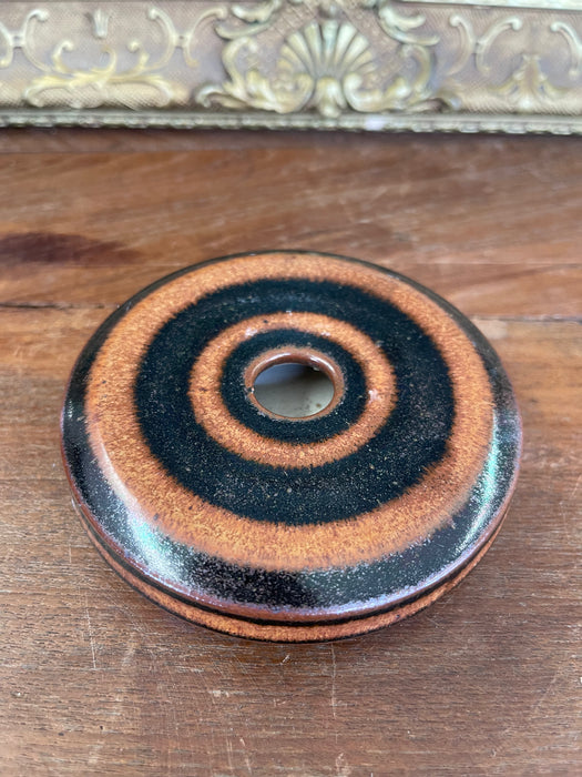 Signed Hank Greer Studio Pottery Donut Vase with Brown and Black Oxide Rings
