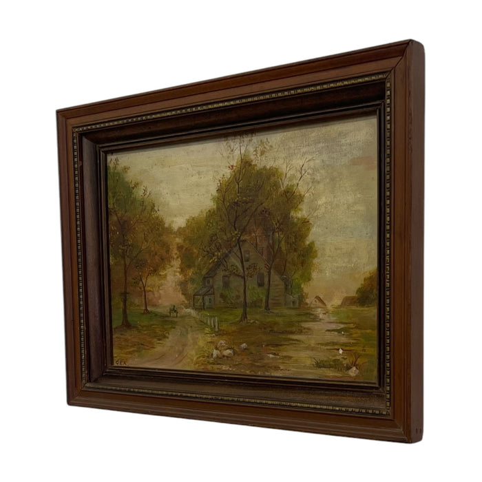 Vintage Framed Rural Landscape Painting on Canvas Board, Signed G.E.K.