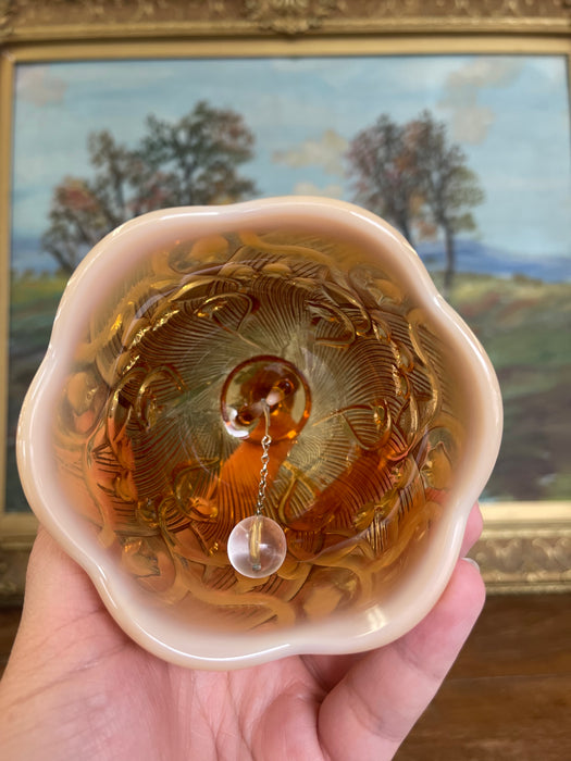 Vintage Amber and White Cased Art Glass Bell with Figural Handle