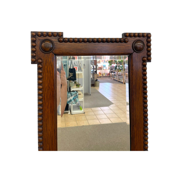 Antique Bobbin Turned Oak Wall Mirror – Arts and Crafts Style Spool Beaded Wood Frame with Beveled Glass