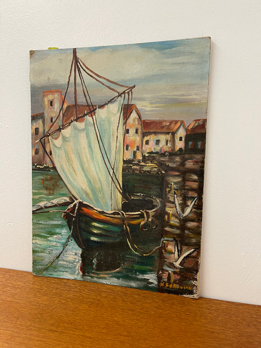 Vintage Impressionist Harbor Scene Painting on Canvas Board, Signed Ferguson, Coastal Sailboat Seascape