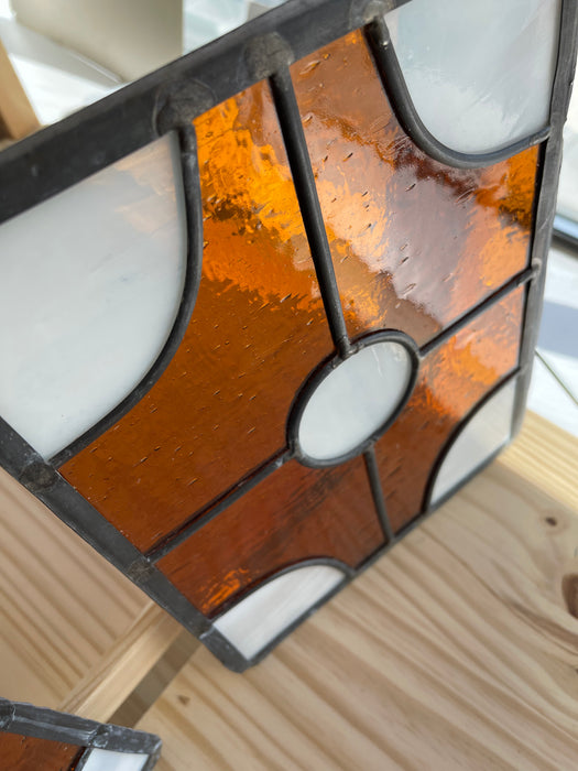 Pair of Vintage Amber and White Stained Glass Window Panels