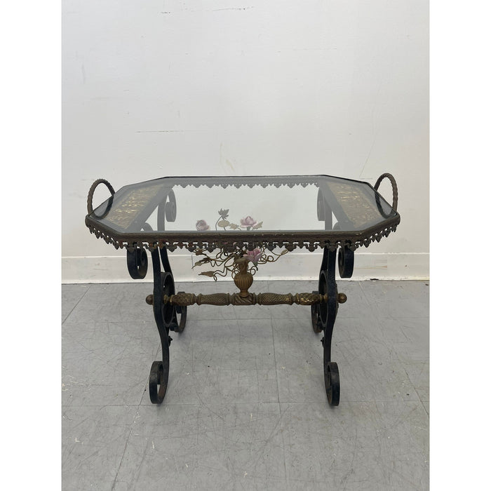 Vintage Wrought Iron Side Table With Ornate Detailing and Glass Top.
