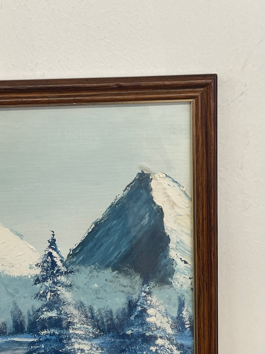 Vintage Framed Snow-Capped Mountain Lake Landscape Painting, Signed, Blue Tonal Scenic Wall Art.