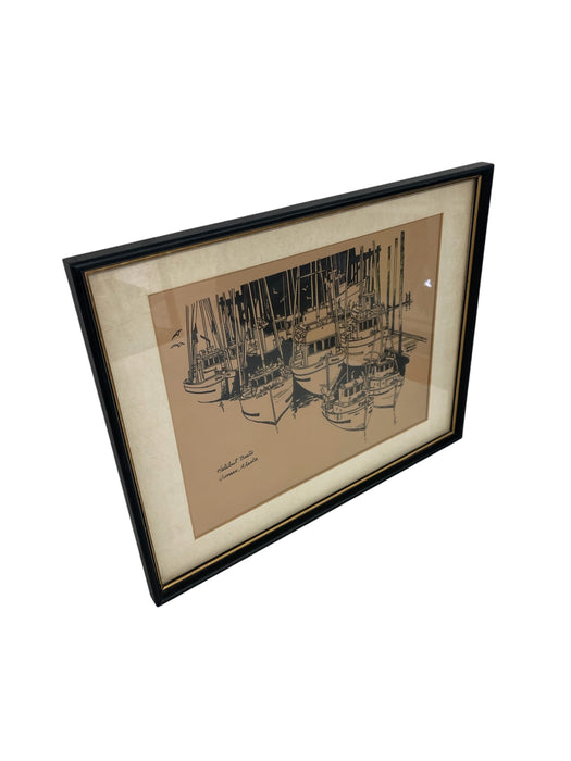 Mid-Century Style Bruce Boyd "Halibut Boats, Juneau, Alaska" Framed Graphic Maritime Print