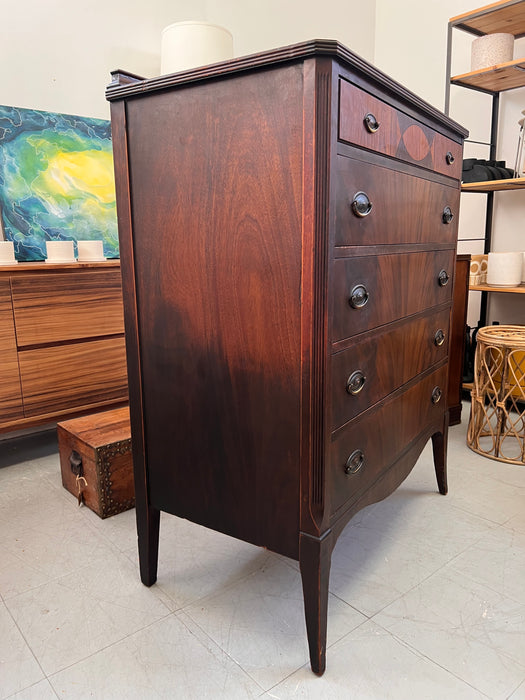 Antique American 5 Drawer Dresser or Chest with Flame Mahogany Wooden Drawer Fronts French Legs Inlaid Contrasting Veneers and Dovetailed Drawers