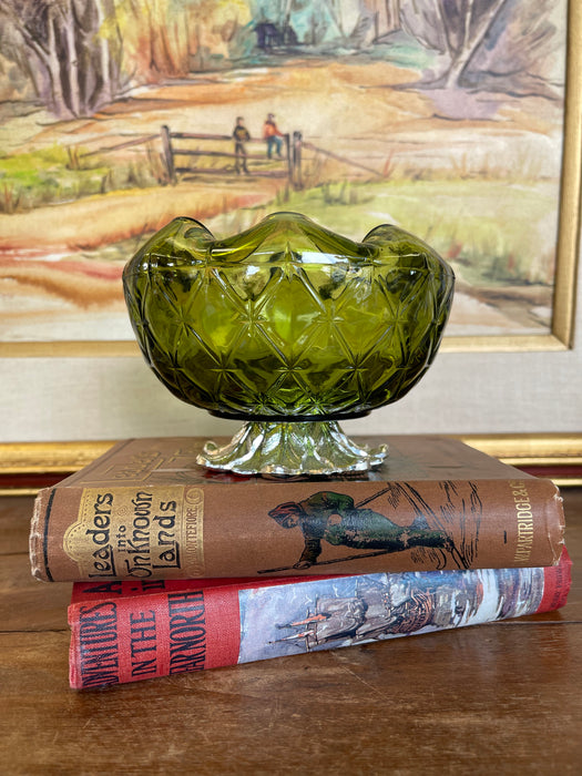 Vintage Green Pressed Glass Bowl with Scalloped Rim and Silver-Toned Floral base.