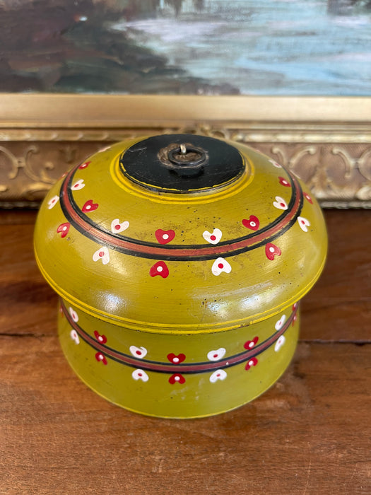 Vintage Hand-Painted Lacquered Wood Lidded Box with Heart Motif
