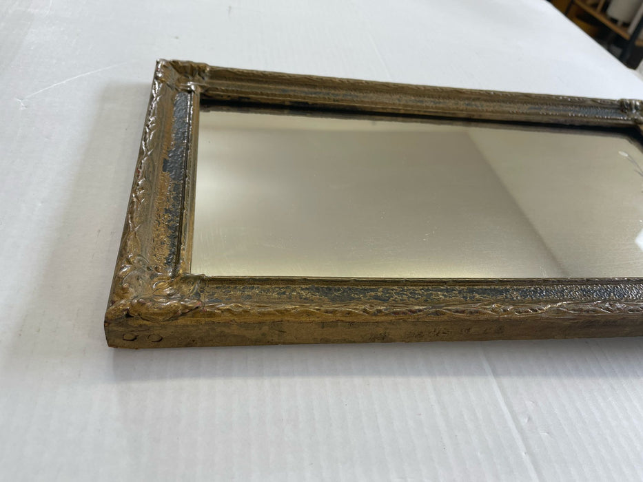 Antique Arched Sculpted Wood Frame Mirror With Floral Etching.