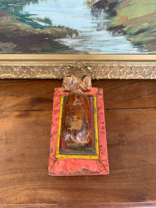 Likely Antique Hand-Carved Wooden Cow Figurine on Painted Base - Folk Art Sculpture