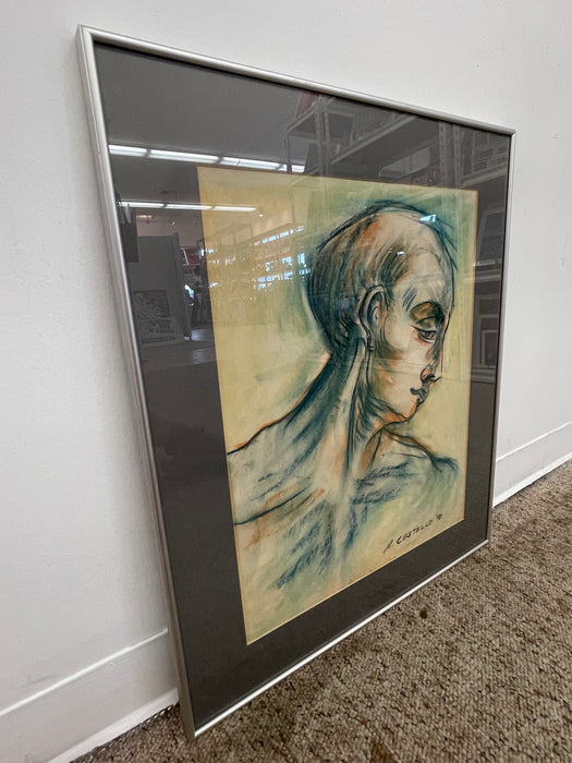 Vintage Mid Century Modern '90 Pastel Portrait Drawing Signed M. Costello, Framed Original Artwork