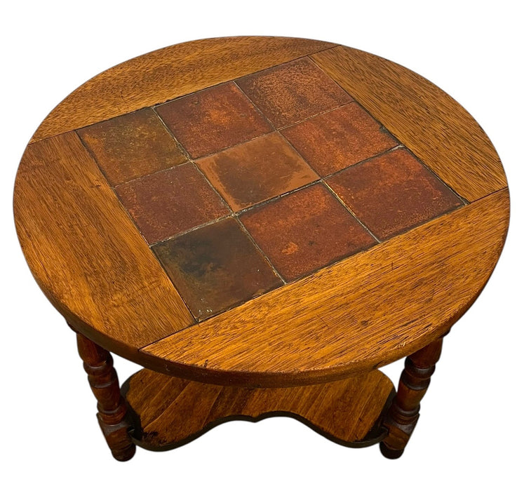 Vintage Arts & Crafts Tile Top Side Table with Turned Legs and Lower Shelf