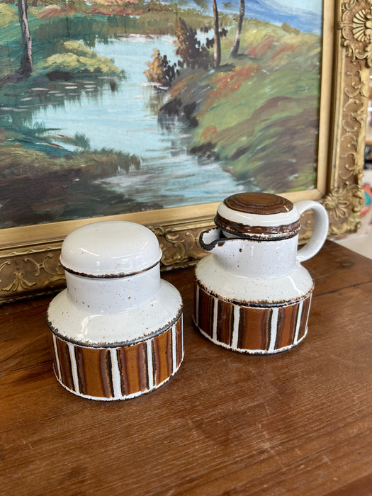 Vintage Mid-Century Modern Midwinter Pottery Creamer and Lidded Sugar Bowl Set, Hand-Painted in England