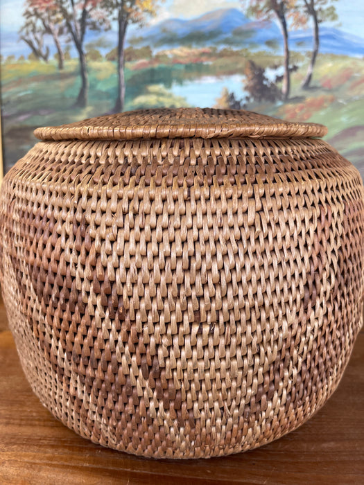Vintage Handwoven Southeast Asian Rattan Lidded Basket with Saburst and Diamond Weave pattern