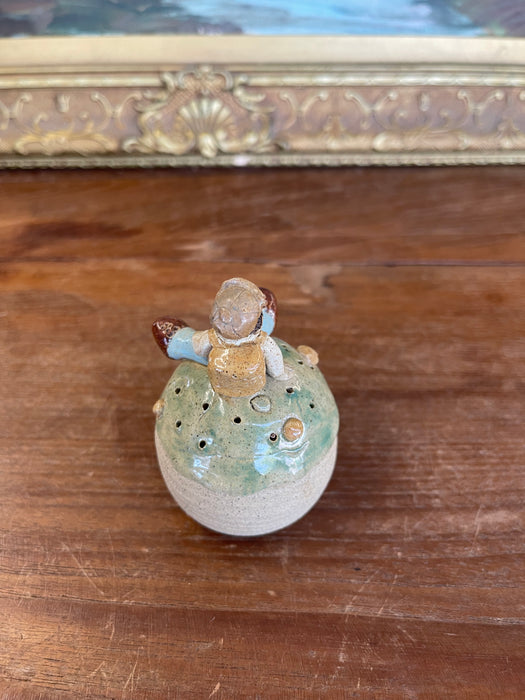 Handmade Studio Pottery Incense Holder with Seated Figure Sculpture, Signed
1976