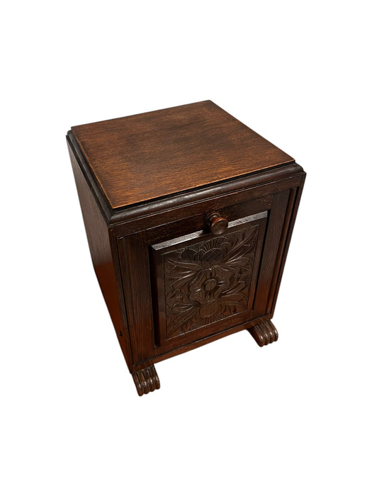 Petite Early 20th Century English Coal Bin Accent Table or Magazine Storage Rack with Floral Carvings