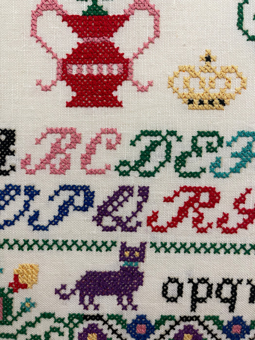 Vintage Hand-Stitched Cross Stitch Alphabet Sampler Needlework Folk Art Textile
