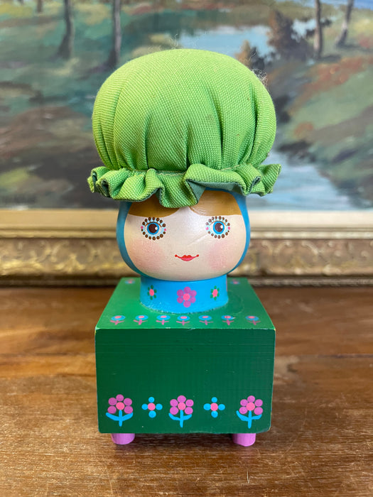 Vintage Hand-Painted Folk Art Doll Figurine on Wooden Block Base with Fabric Bonnet, Signed Mary Maki Rae
