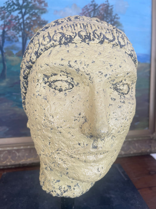 Textured Vintage Papier-Mâché Head Sculpture with hand-painted detailing on Custom stand.