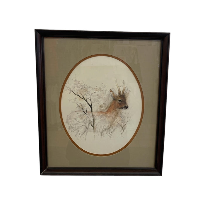 Vintage Original Wood Framed and Signed Deer and Tree Artwork.