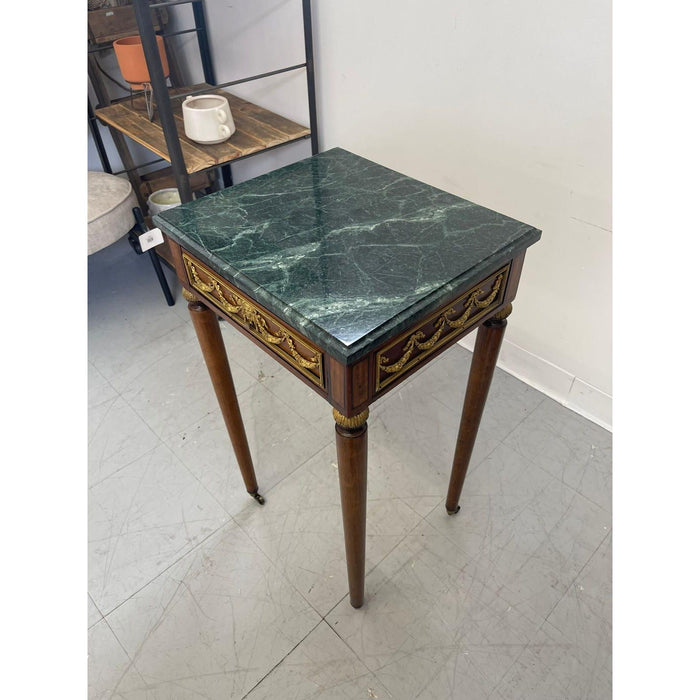 Vintage Green Marble Top Stand on Wheels With Gold Colored Motif of Woman