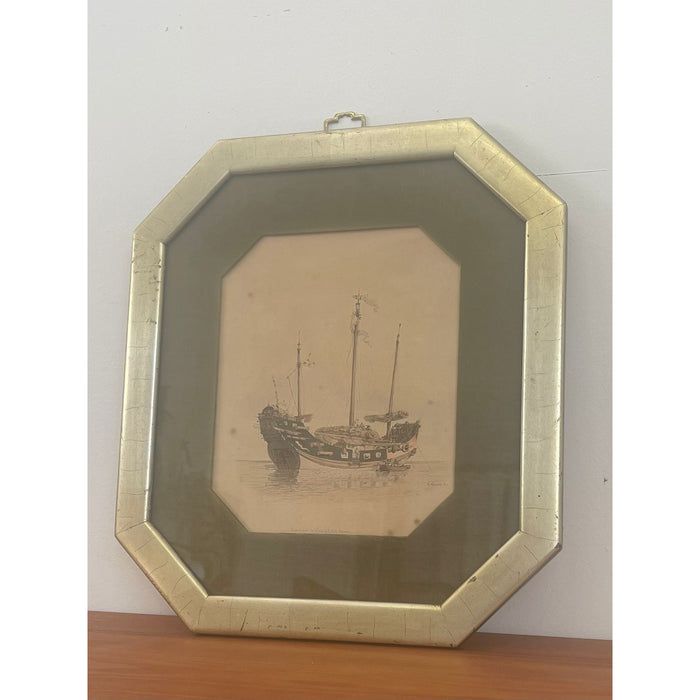 Vintage Nautical Signed and Framed Print “ Traveling Barge “