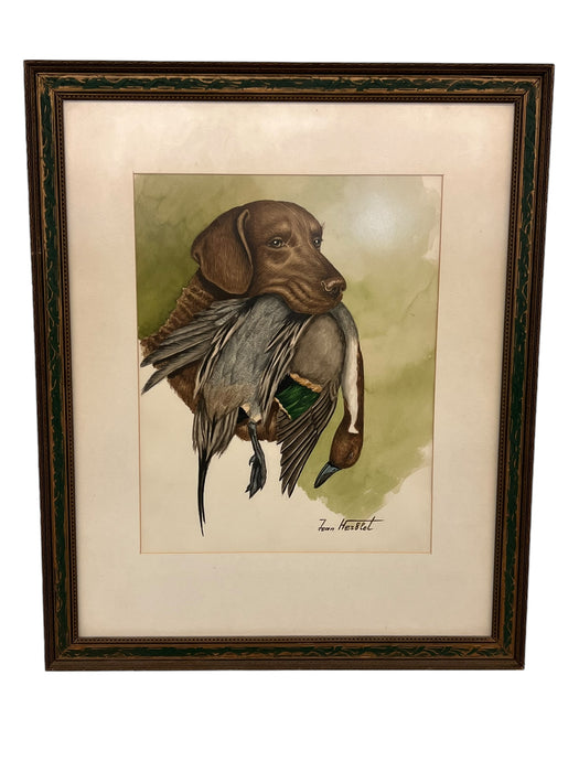 Original Hunting Dog with Foul Watercolor Painting by French Artist and Cartoonist Jean Herblet Signed