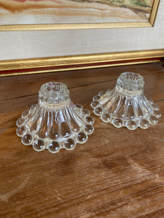 Vintage Pressed Glass Candle Holders with Hobnail Edge, Set of Two
