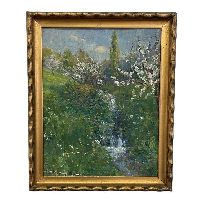 Vintage Impressionist Spring Landscape Painting with Stream in Gilt Toned Frame.