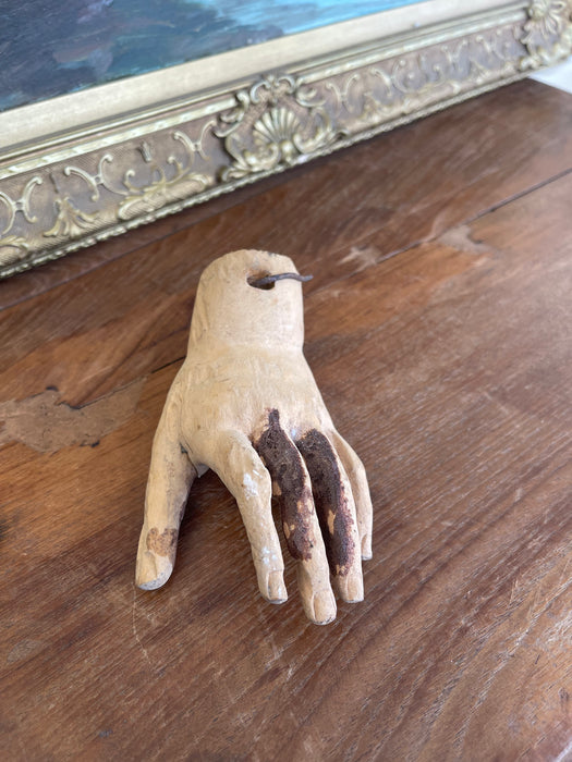 Antique Carved Wooden Articulated Hand Fragment with Original Hook, Likely Religious or Folk Art, 19th Century