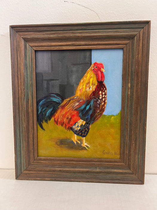 Vintage Folk Art Impressionist Style Painting of a Rooster in a Rustic Wooden Frame