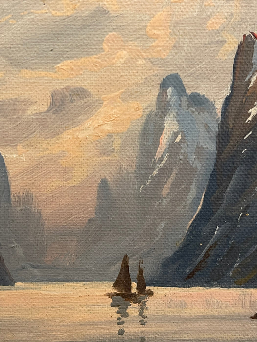 Vintage Signed K. Fjeilberg Mountain Landscape Painting with Sailboats in Gilt Wood Frame Possibly 1930s Norway
