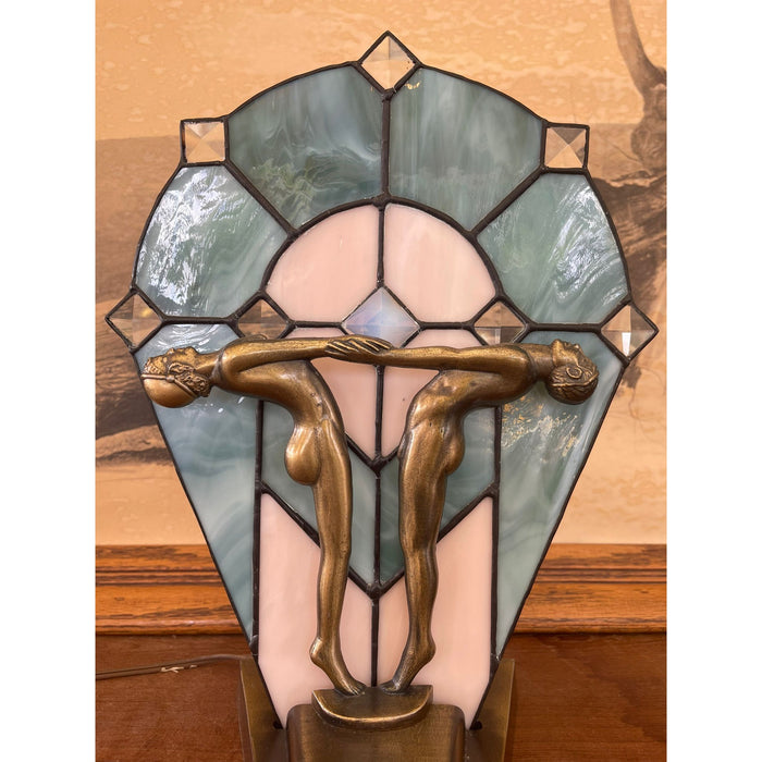 Vintage Art Deco Stained Glass Nude Figurine Blue Lamp