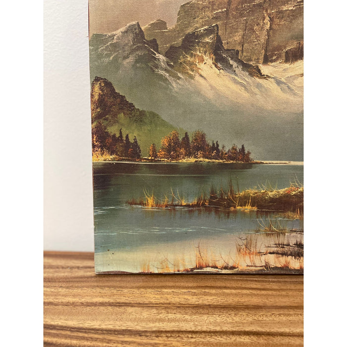 Vintage Landscape Print on Canvas. Mountains Over a Lake.