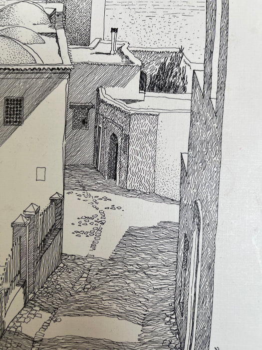Vintage 1971 Tunis Tunisia Architectural Ink Drawing by K. Winnenberg, Street Scene Artwork
