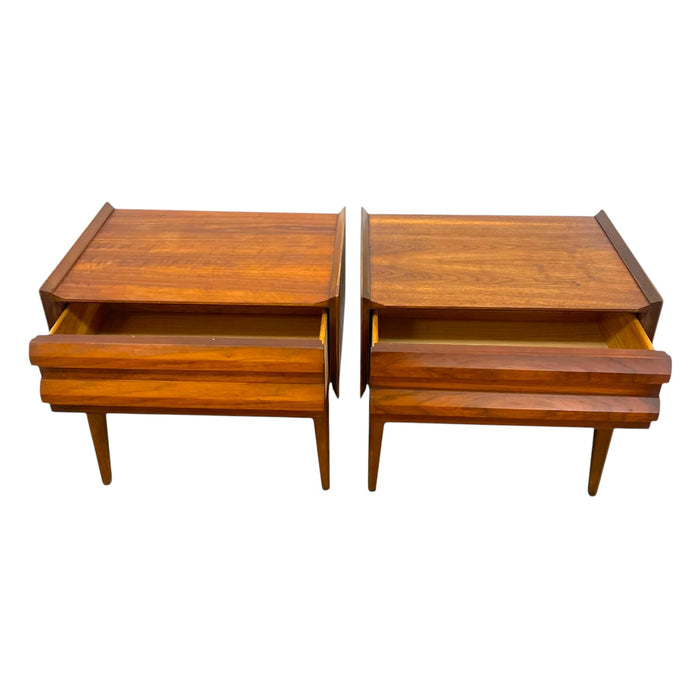 Vintage Lane First Edition Mid Century Modern Walnut Nightstand End Table Set by Lane Furniture.