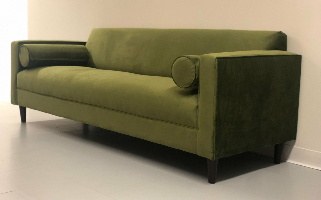 Brand New Modern Sofa/ Couch in Avocado Green Velvet Upholstery Made in USA Solid Wood Frame