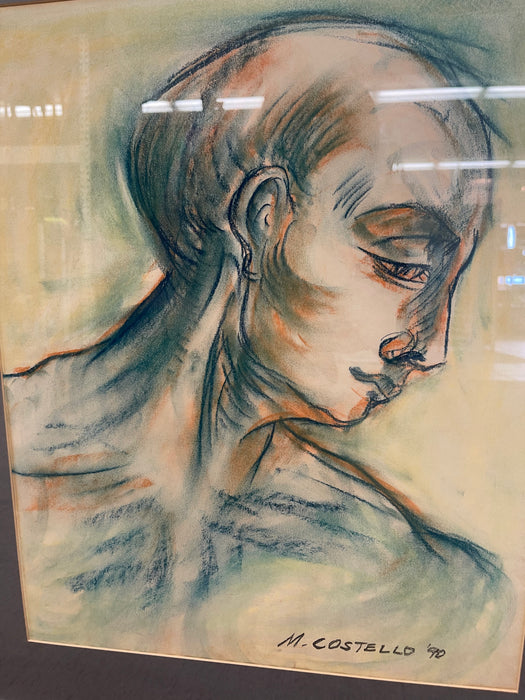 Vintage Mid Century Modern '90 Pastel Portrait Drawing Signed M. Costello, Framed Original Artwork