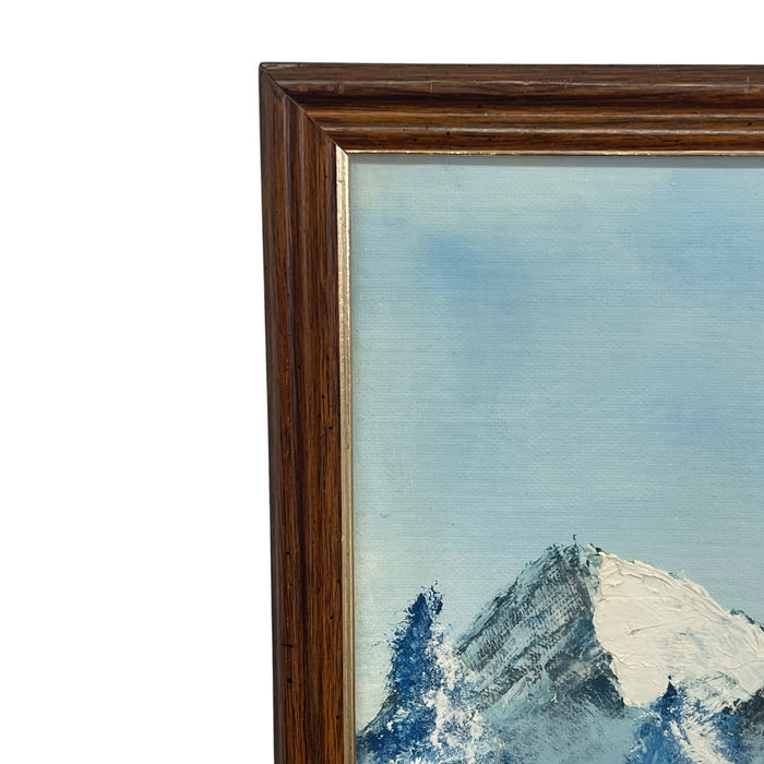 Vintage Framed Snow-Capped Mountain Lake Landscape Painting, Signed, Blue Tonal Scenic Wall Art.