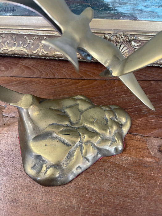 Vintage Mid-Century Modern Brass Toned Seagull Sculpture on Rocky Base