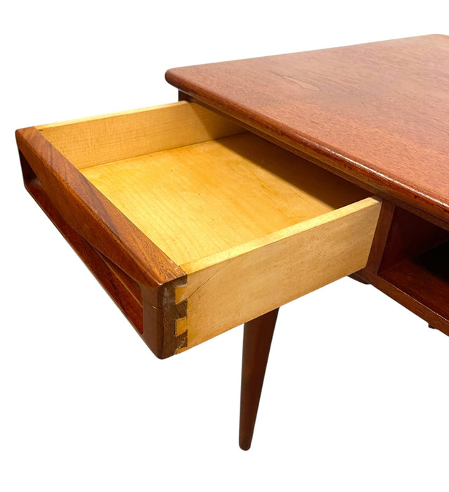 Vintage Mid Century Modern Danish Style Coffee Table with Sculpted Drawer Pulls and Open Shelf Storage