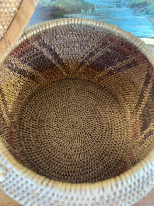 Vintage Handwoven Southeast Asian Rattan Lidded Basket with Saburst and Diamond Weave pattern